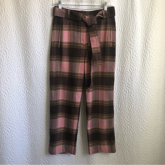 Aritzia Wilfred Soft Pink/Brown Plaid New Tie-Front Wool Cashmere Trouser Pant - Picture 4 of 15